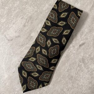 Vintage Oscar de la Renta Couture Silk Tie Black Gold  Brown Medallion EUC